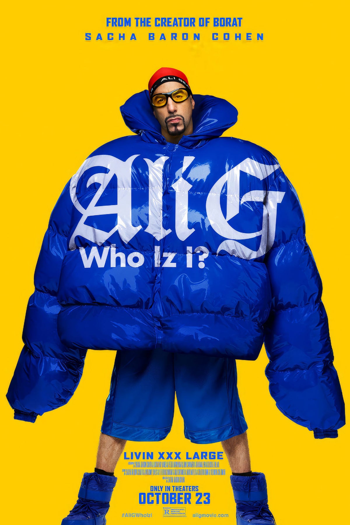 Ali G Who Iz I? poster featuring an oversized blue puffer jacket against a bright yellow background