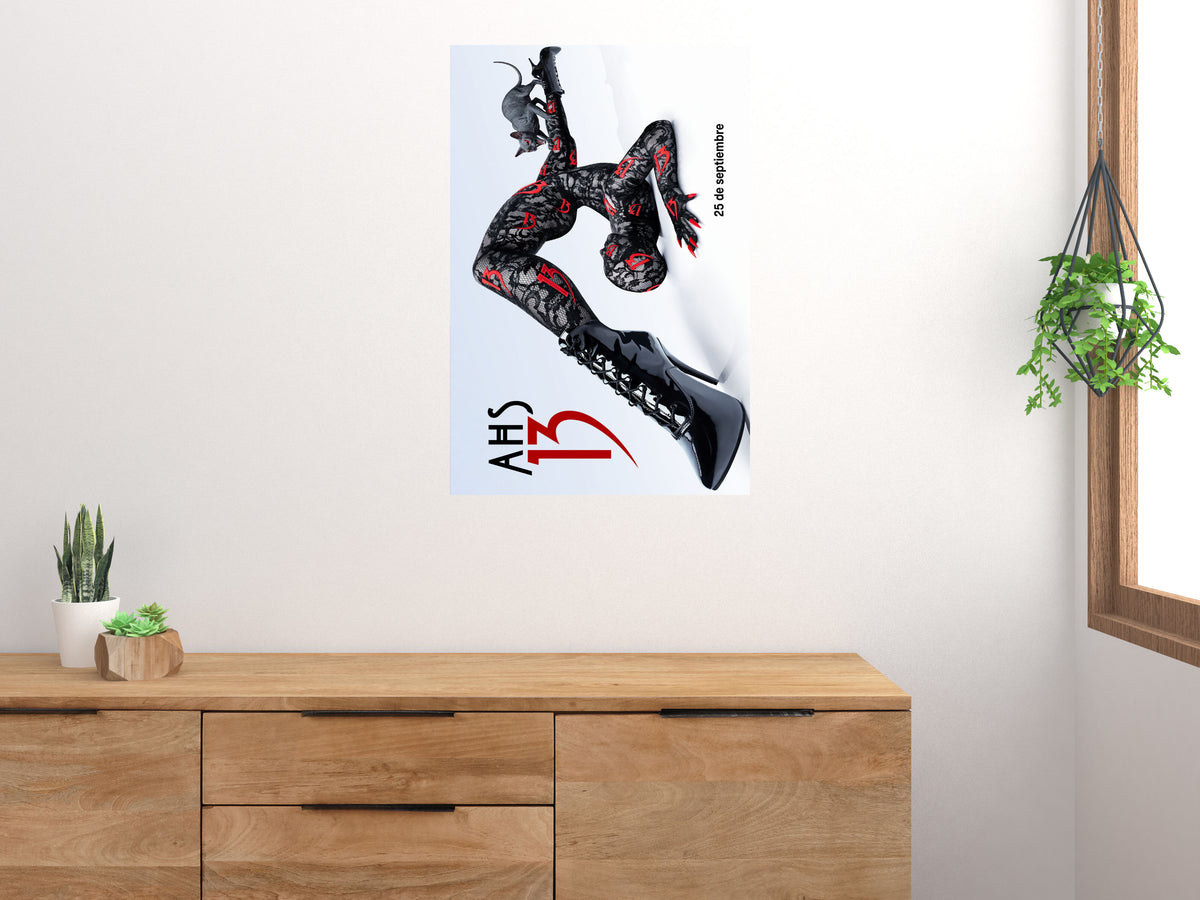 AHS 13 poster shown rotated vertically on a white wall above a wooden cabinet