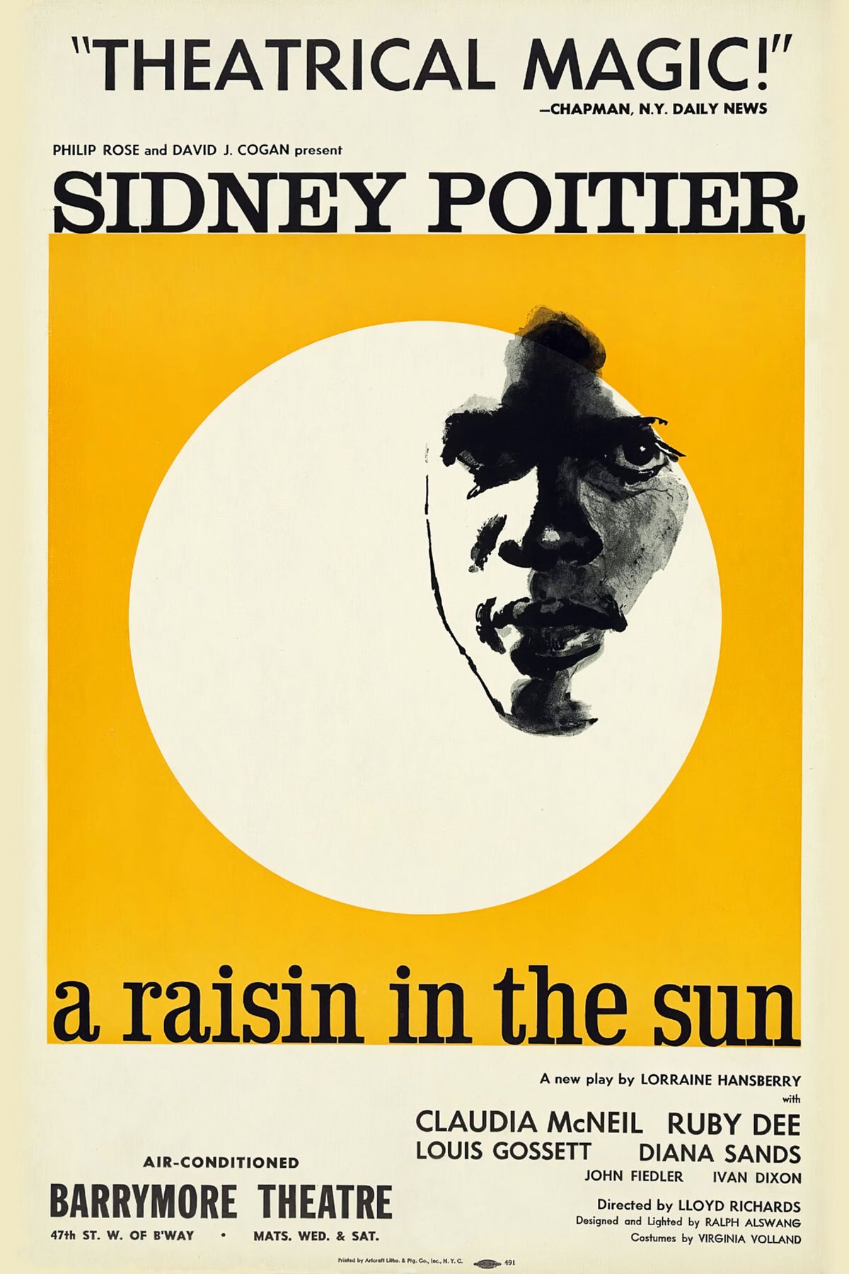 A Raisin in the Sun theater poster featuring Sidney Poitier in black and white against golden yellow and cream