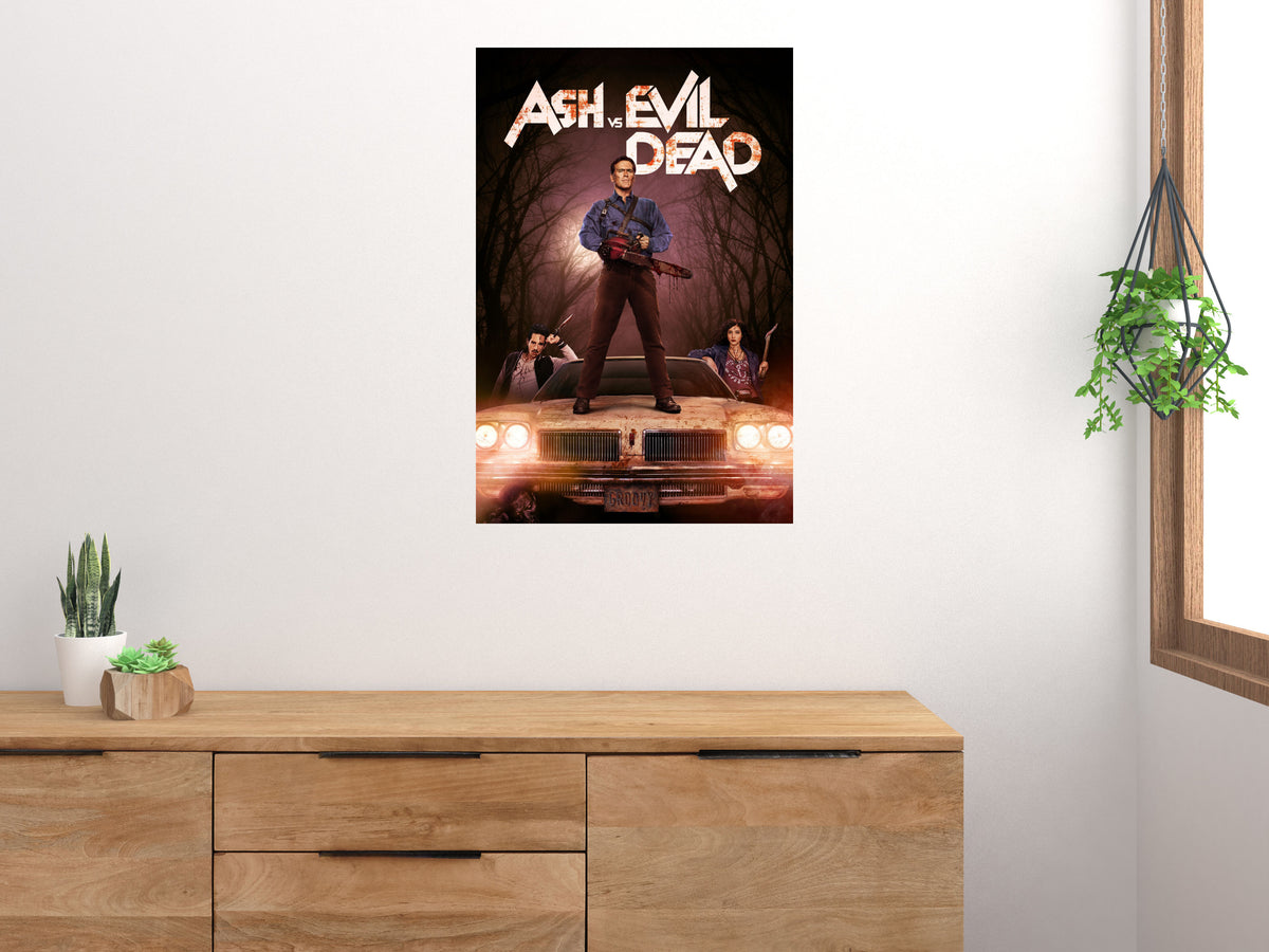 Ash vs Evil Dead poster displayed on a white wall above a wooden cabinet