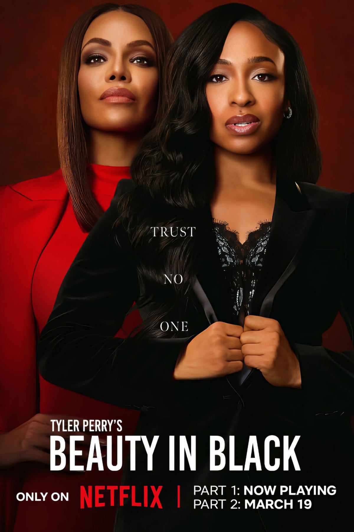Tyler Perry's Beauty in Black poster with two women, red-and-black styling, and Trust No One lettering