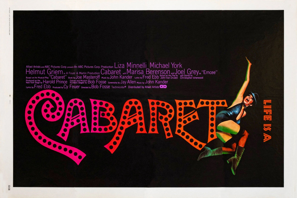 Horizontal Cabaret movie poster with pink-orange title lettering and Liza Minnelli against a black background