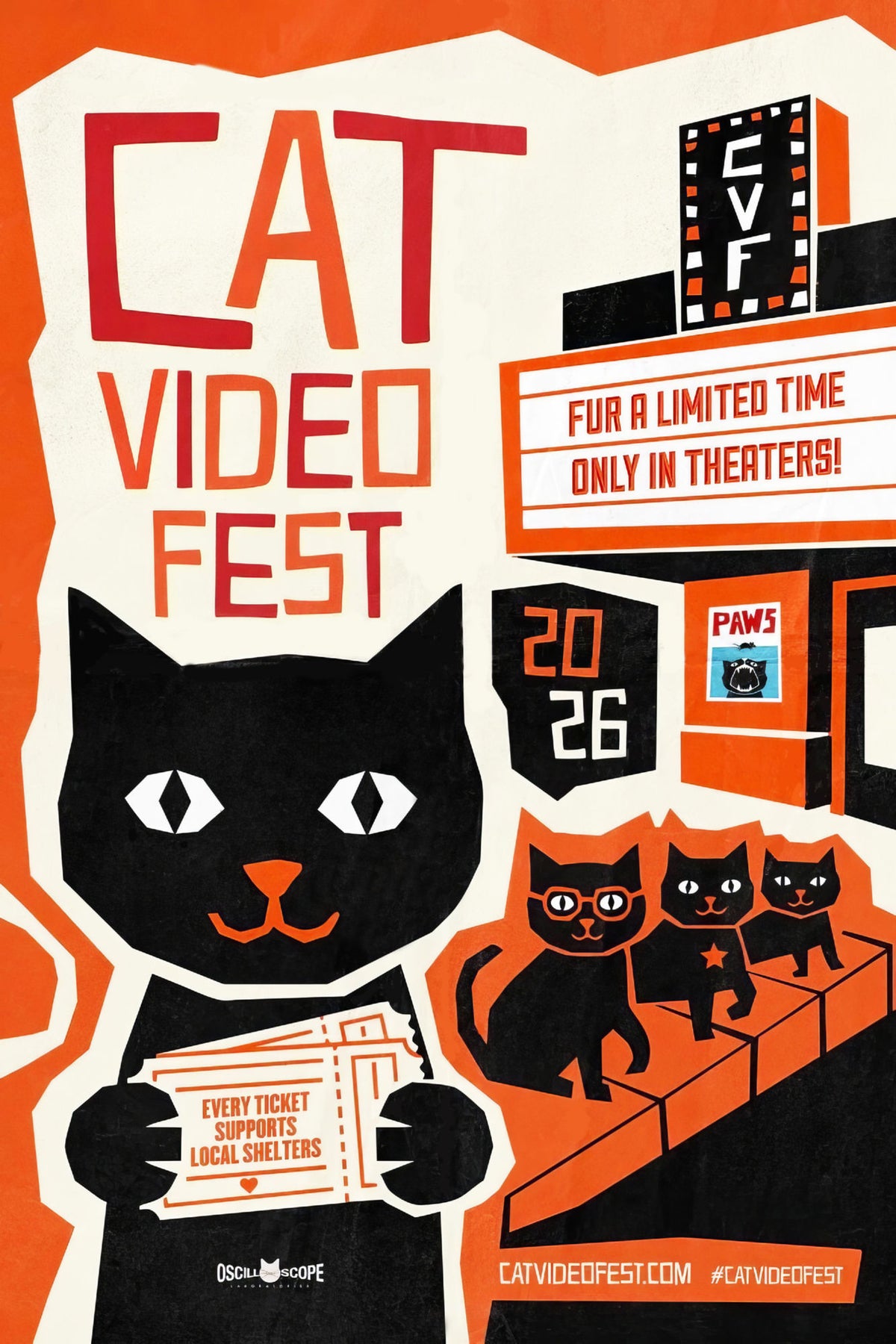 Cat Video Fest 2026 poster with illustrated black cats, theater marquee, and orange and cream typography