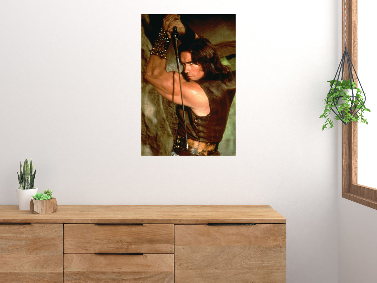 Conan sword-pose poster displayed above a wooden sideboard beside houseplants in a bright room