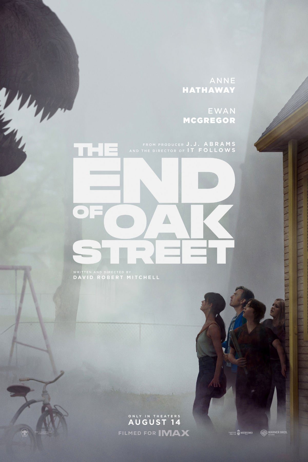 The End of Oak Street movie poster with a tooth-lined creature silhouette above a foggy backyard and four onlookers