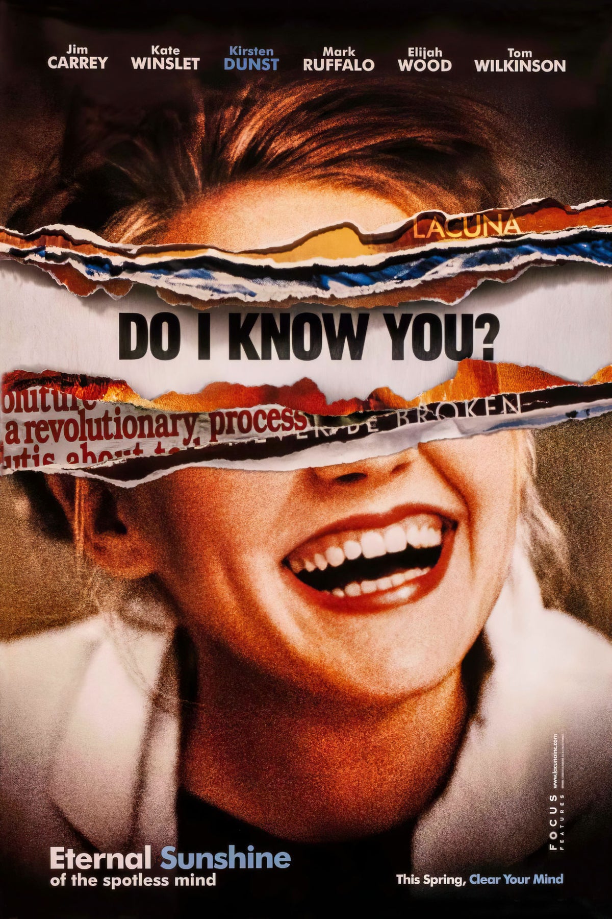 Eternal Sunshine of the Spotless Mind poster with smiling portrait, torn-paper layers and Do I Know You lettering across the eyes