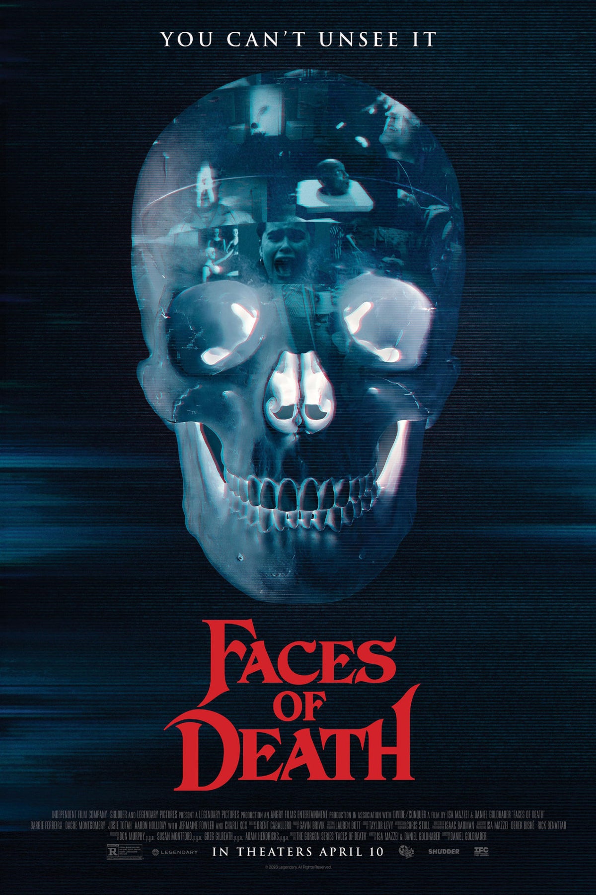 Faces of Death movie poster with an icy blue skull containing fragmented screen imagery, scan lines and red title lettering