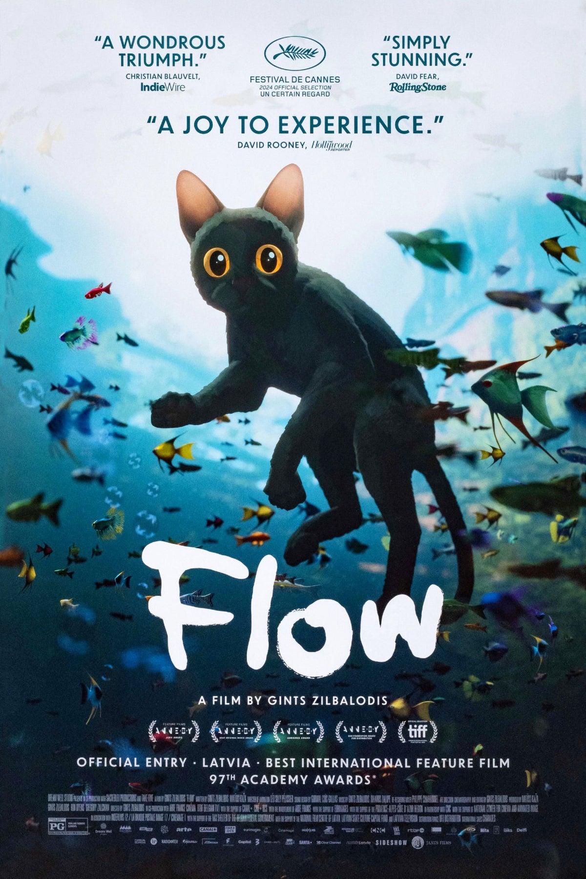 Flow movie poster showing a golden-eyed black cat underwater among colorful fish in turquoise and blue water