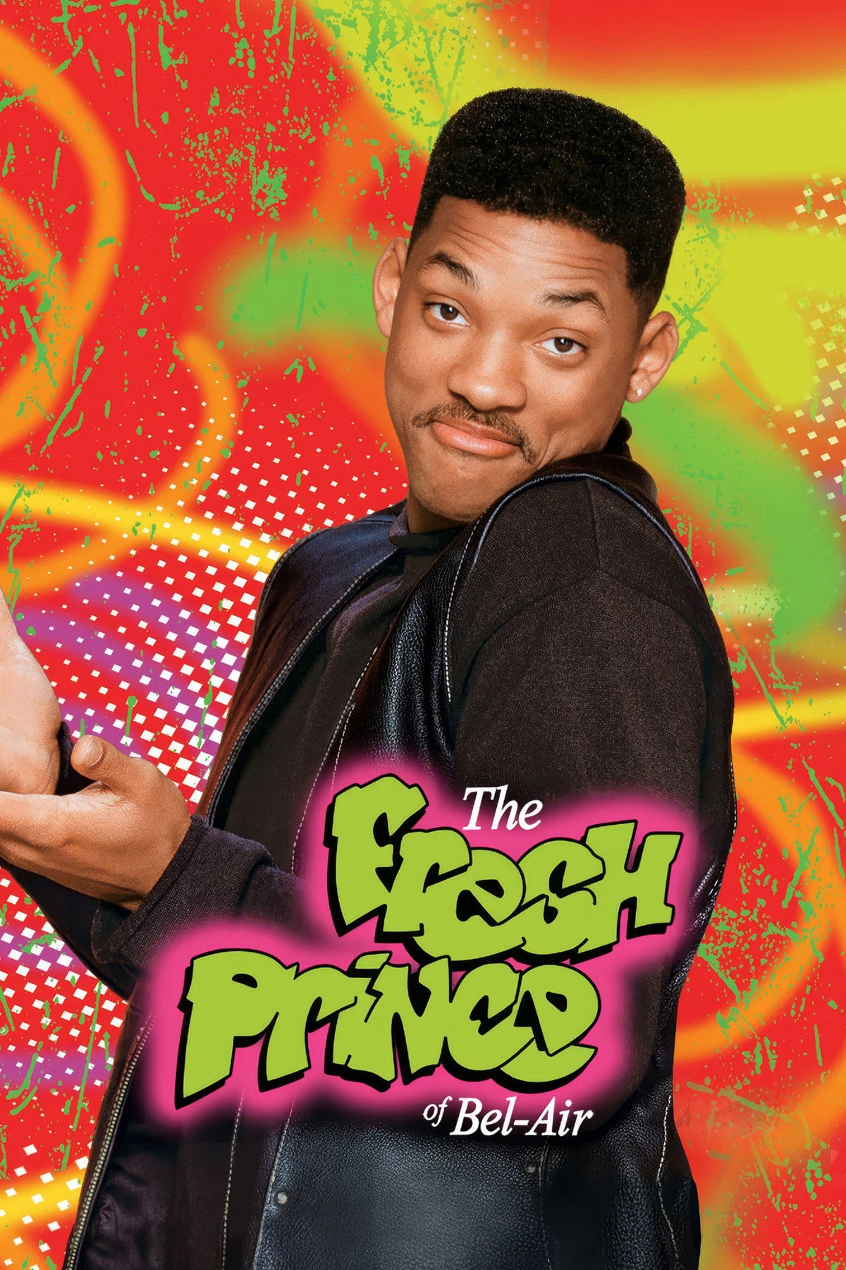 The Fresh Prince of Bel-Air poster with Will Smith shrugging against a vivid red and green background and green graffiti-style logo