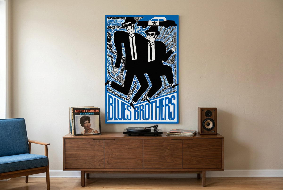 The Blues Brothers poster displayed above a record console in a blues-inspired music-room lifestyle mockup