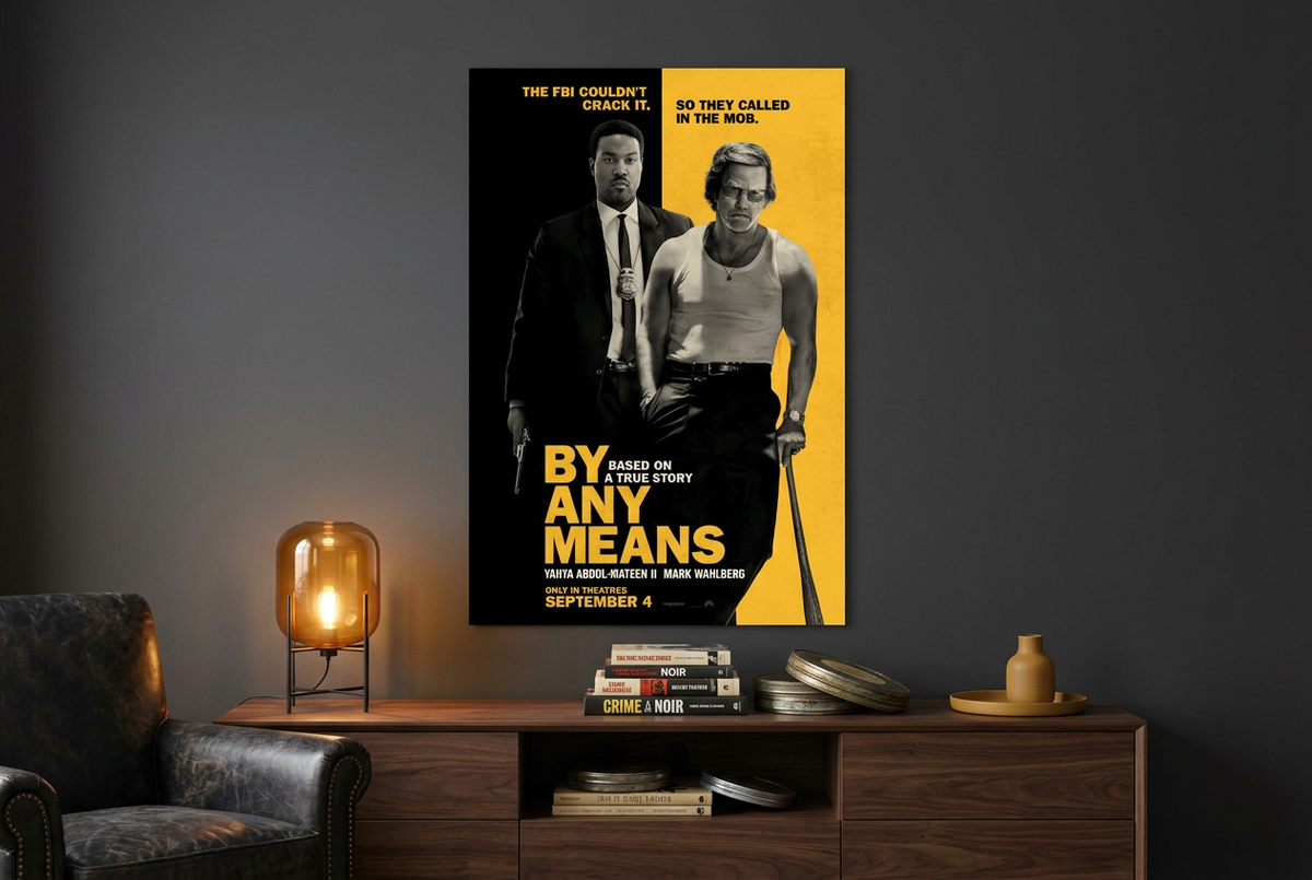 By Any Means poster displayed above a walnut console in an amber-accented crime-thriller home cinema