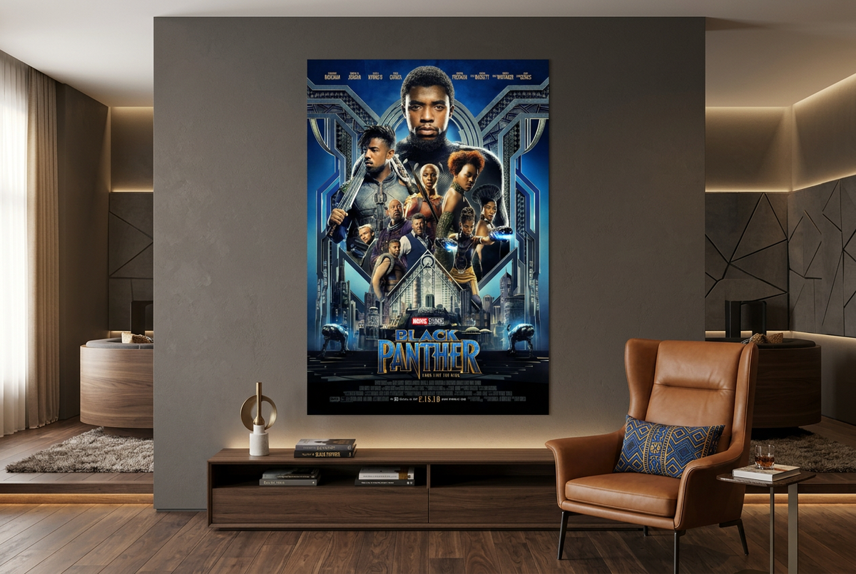 Black Panther 40x60 inch XXL movie poster displayed unframed above a walnut console in a collector’s cinema lounge