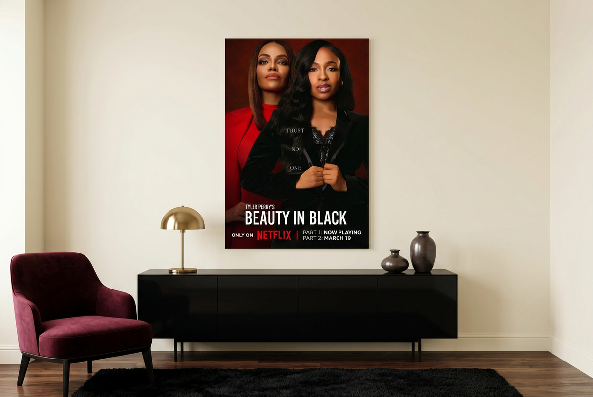 Beauty in Black poster lifestyle mockup in a glamorous red-and-black media lounge