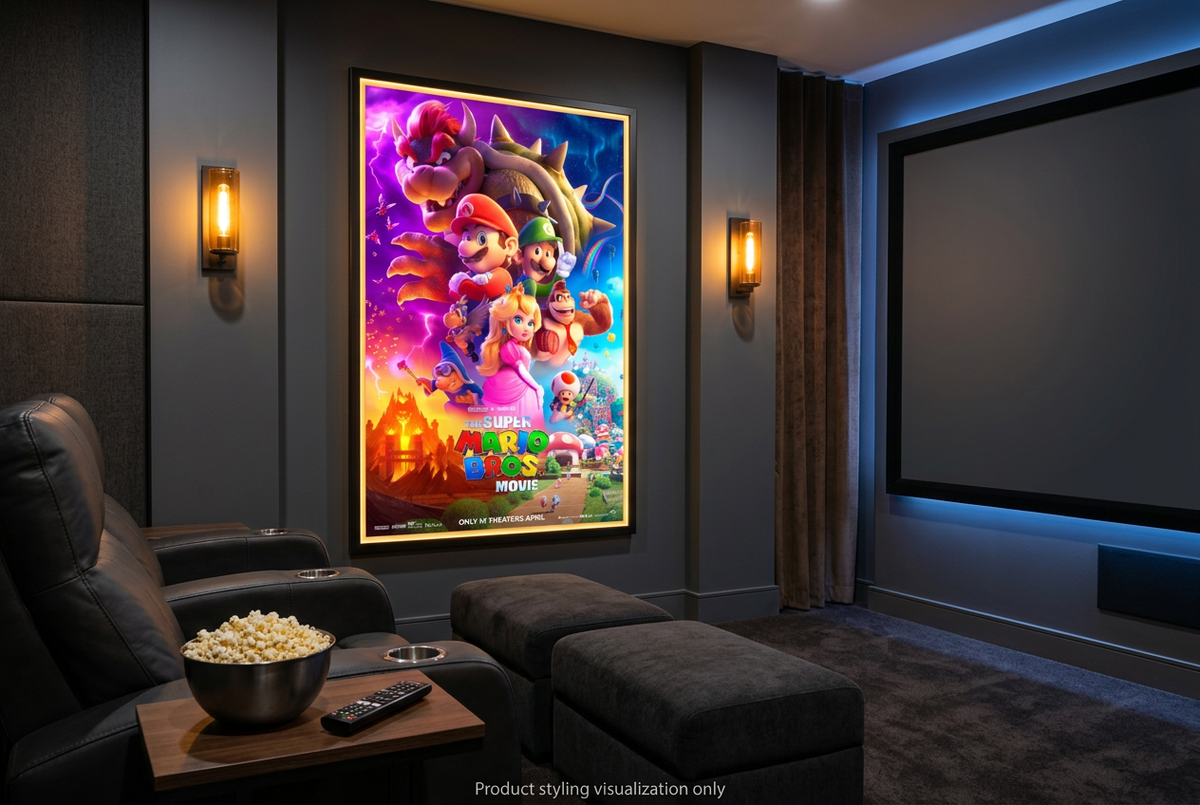 Super Mario Bros. poster in a contemporary home theater