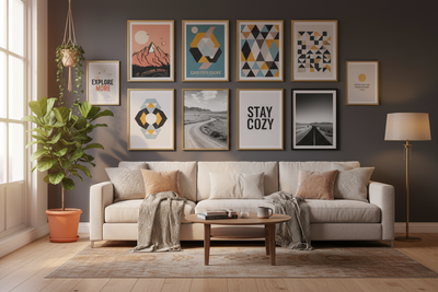 a room with posters on the wall