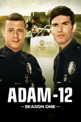 Adam-12 Season One movie poster featuring two police officers and a police car