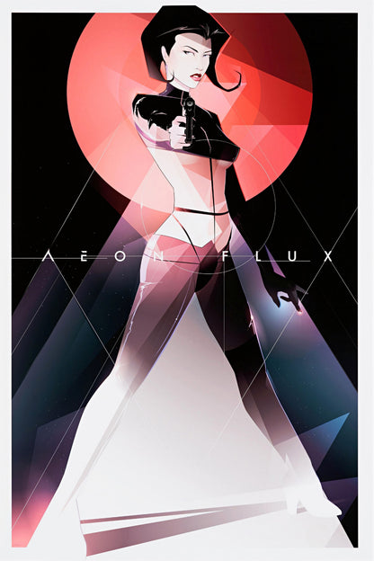 Aeon Flux poster with illustrated character against a red circle and black geometric background