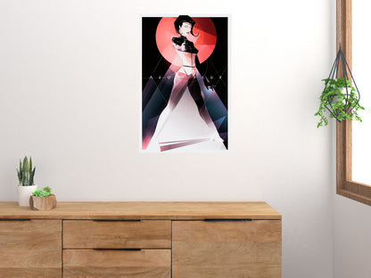 Aeon Flux poster displayed on a white wall above a wooden cabinet