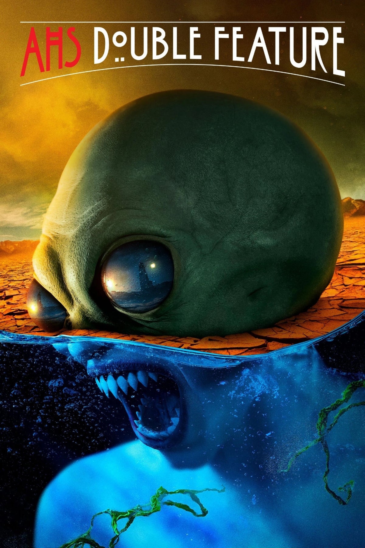 AHS Double Feature poster featuring an alien head above cracked earth and a creature beneath blue water
