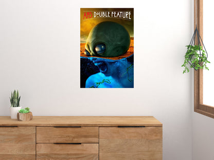American Horror Story Double Feature poster displayed above a wooden cabinet on a white wall