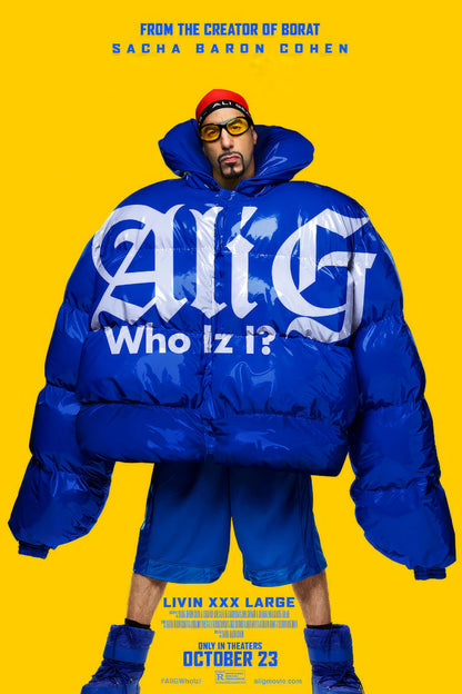 Ali G Who Iz I? poster featuring an oversized blue puffer jacket against a bright yellow background