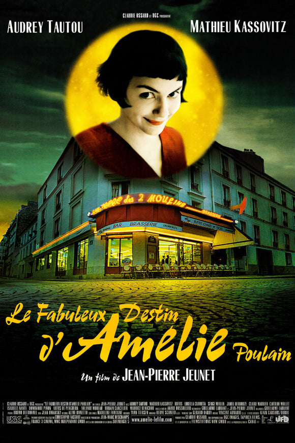 Movie poster for 'Le Fabuleux Destin d'Amelie Poulain' with a woman's face in a yellow circle and a building in the background. theposterdepot.com