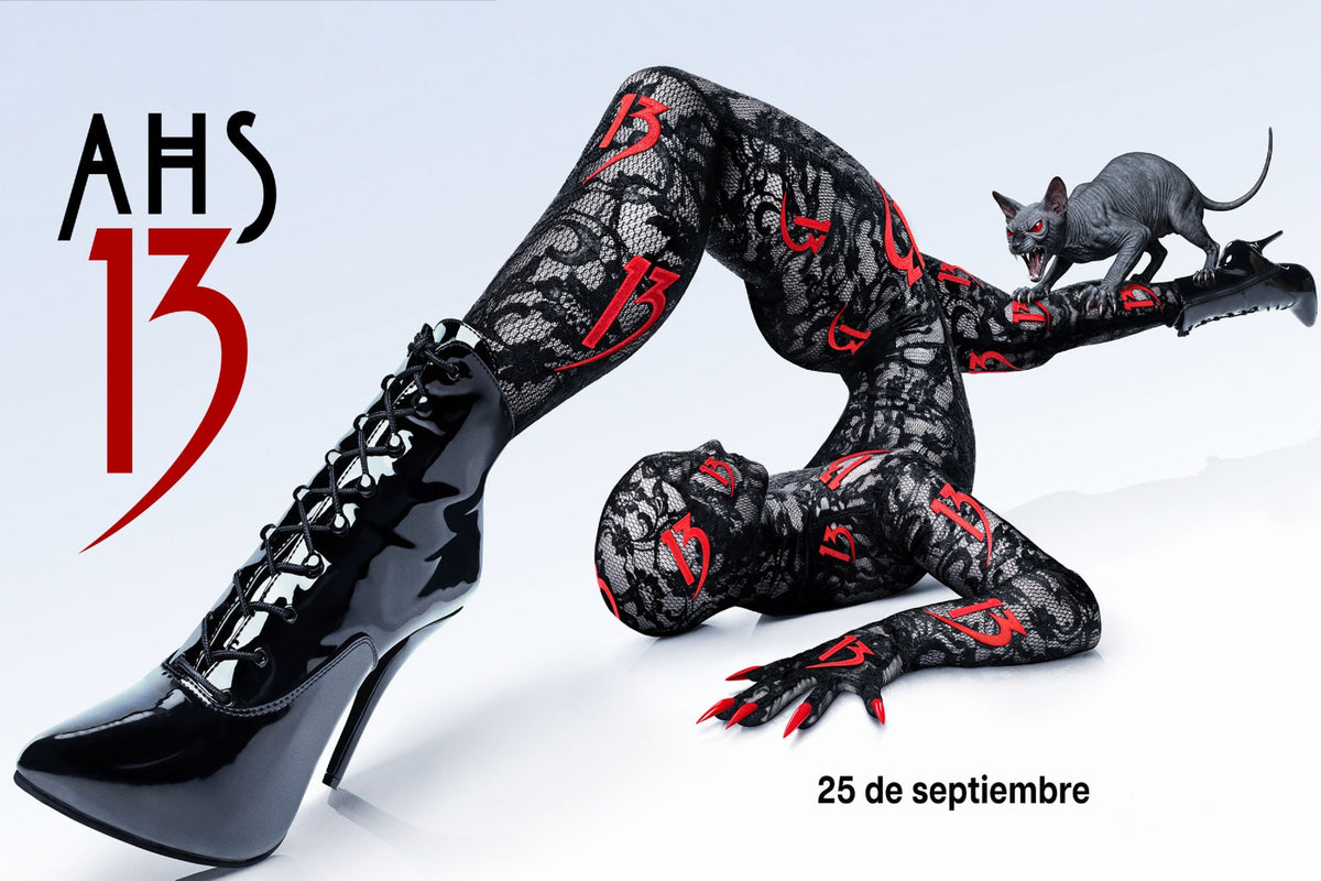 American Horror Story AHS 13 landscape poster with black lace figure, platform boots, red accents, and black cat
