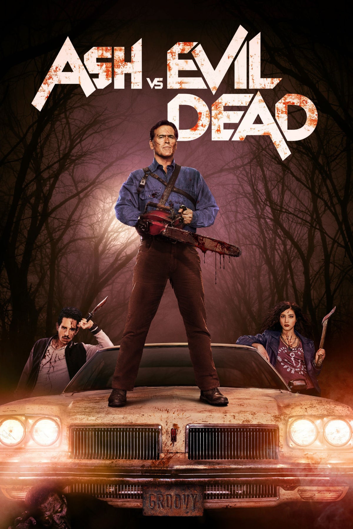 Ash vs Evil Dead poster featuring Ash with a chainsaw standing on a car in dark woodland scenery