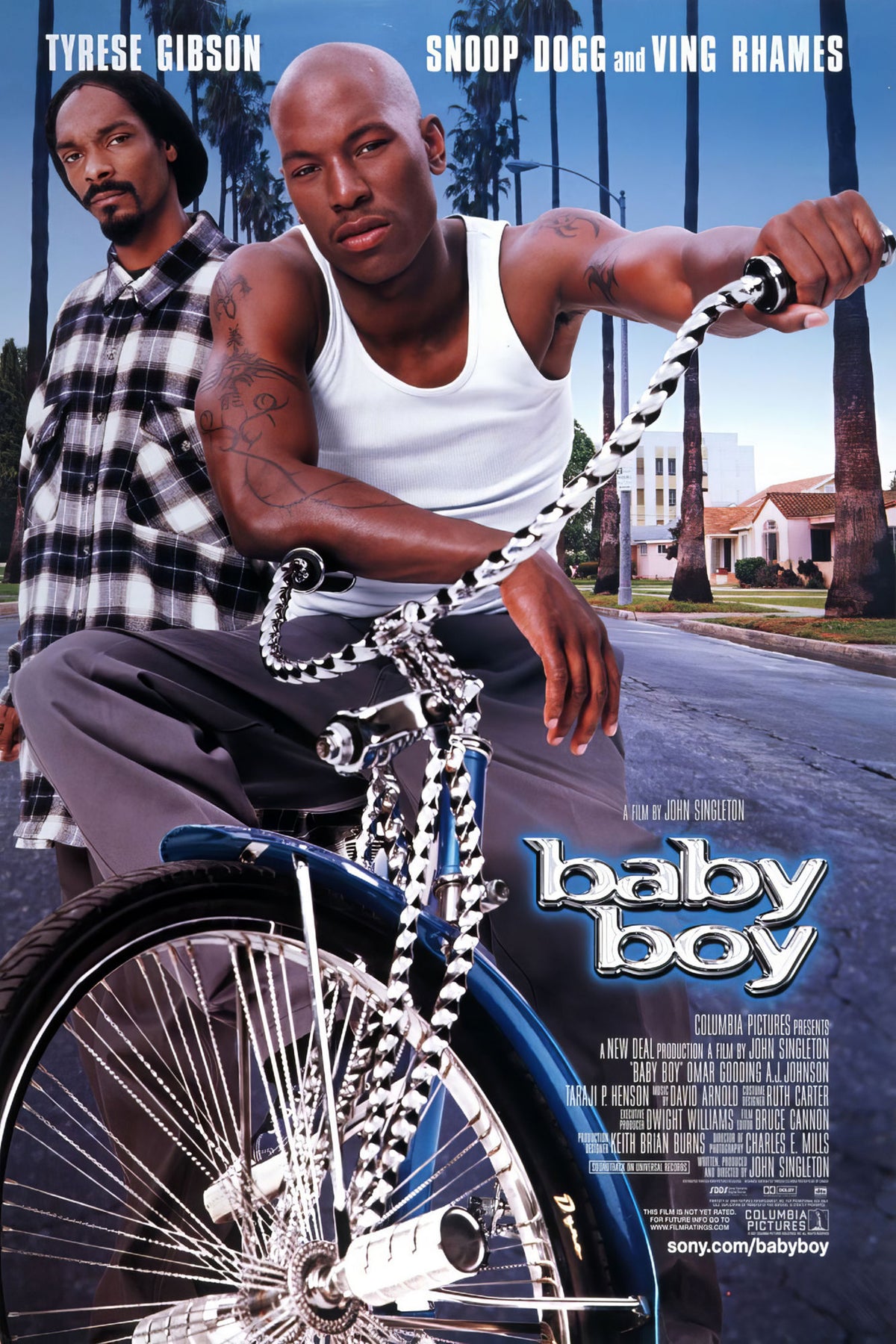 Baby Boy movie poster with a prominent bicycle, palm-lined street, and silver-toned title lettering