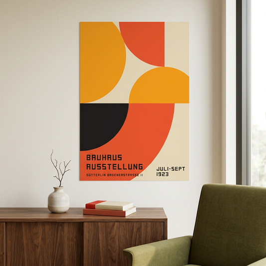 Bauhaus poster lifestyle image in a warm mid-century living room