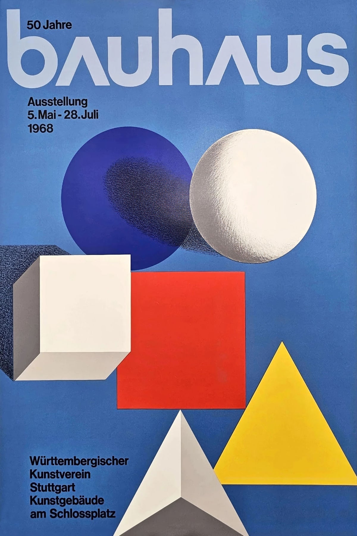 Bauhaus 50 Jahre 1968 exhibition poster with blue background and red, yellow, and white geometric forms