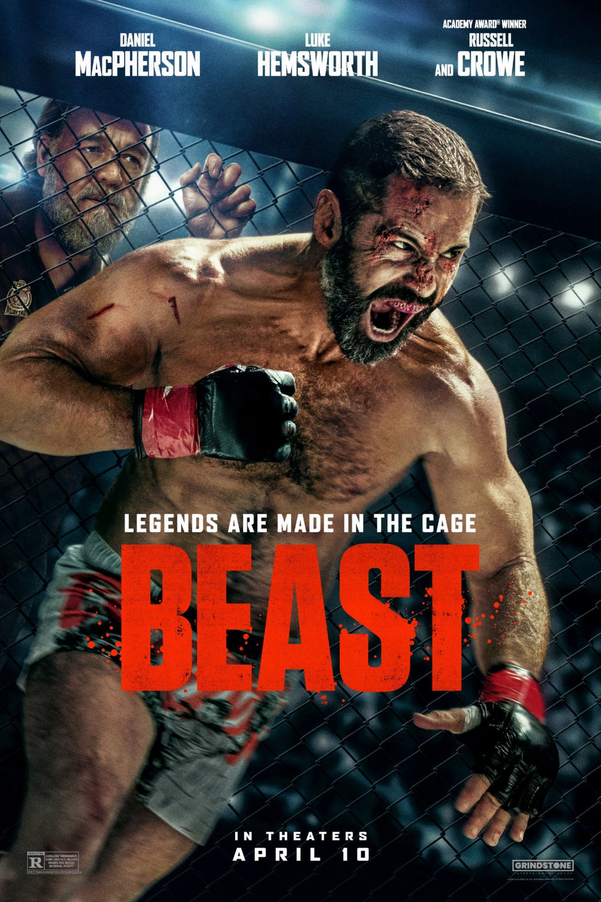 Beast movie poster featuring a gloved cage fighter, chain-link fencing, and bold red title