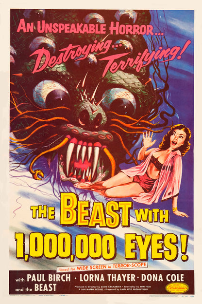 The Beast with a Million Eyes poster with a many-eyed monster, startled woman, and yellow title
