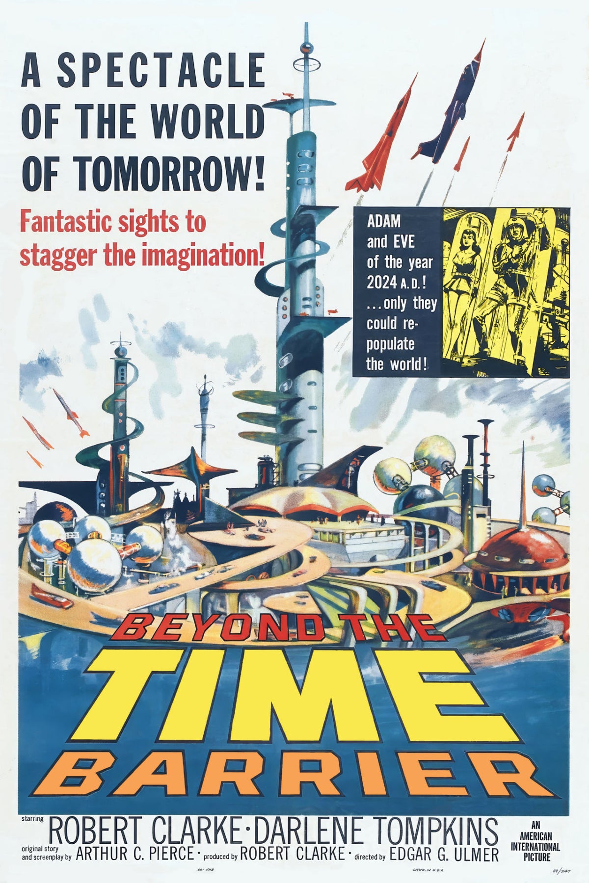 Beyond the Time Barrier movie poster with futuristic towers, rockets, and bold yellow and orange title lettering