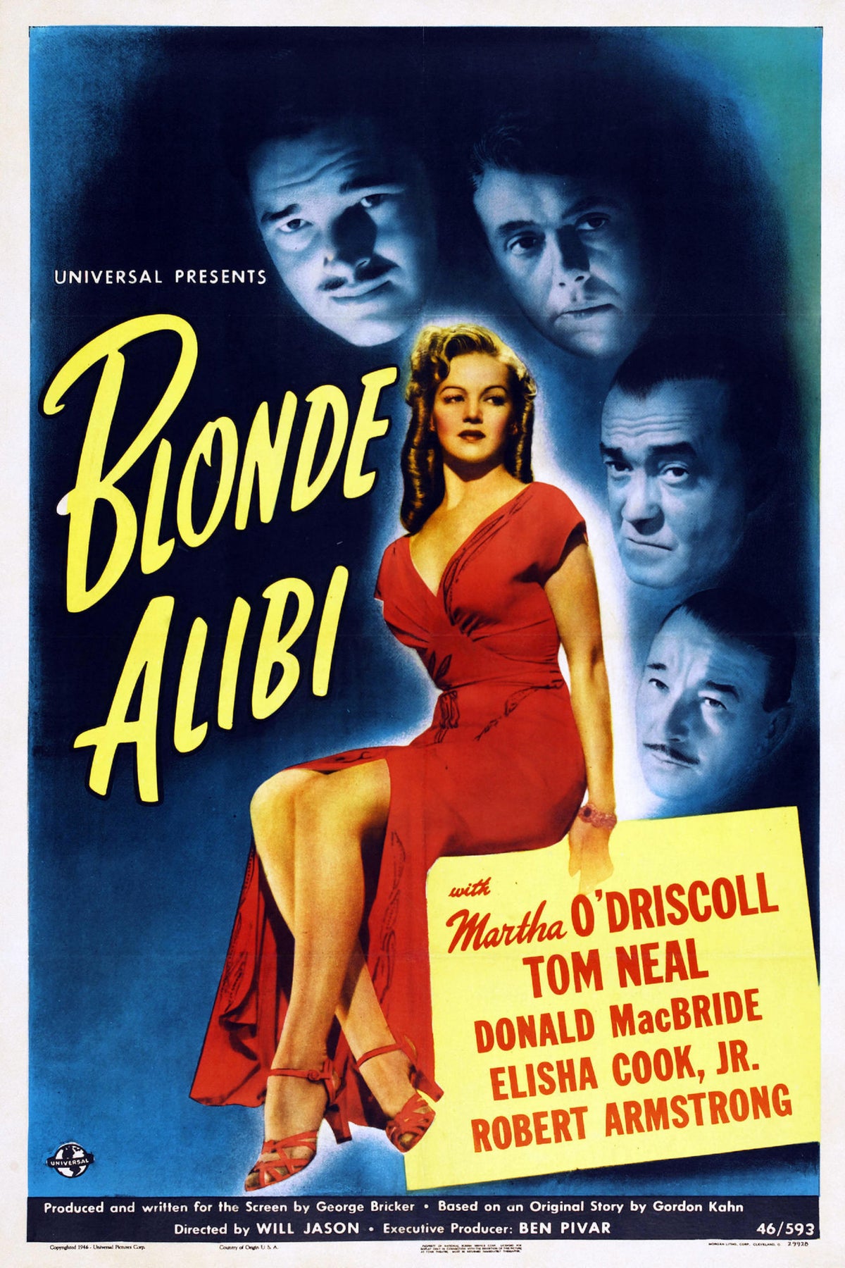 Blonde Alibi movie poster with a woman in a red dress, blue-toned portraits, and yellow title lettering