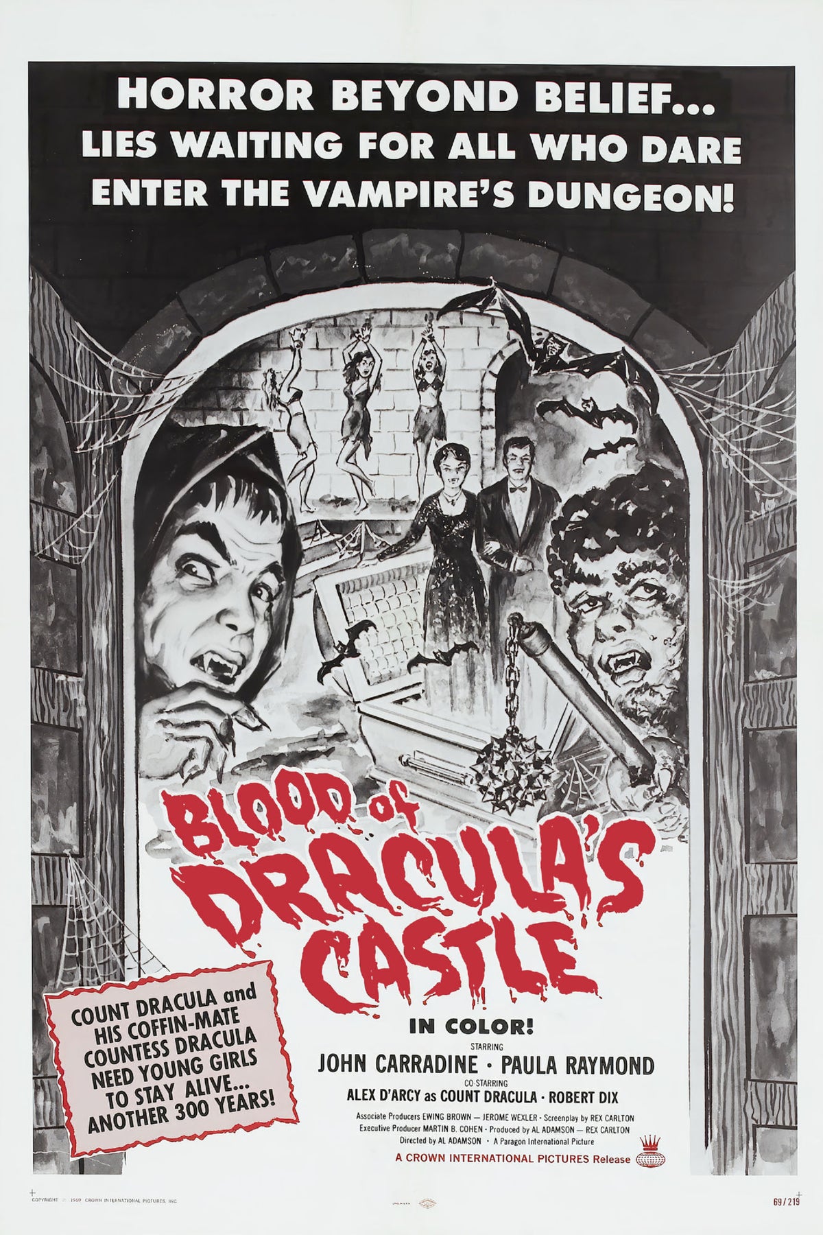 Blood of Dracula's Castle horror movie poster with black-and-white dungeon illustrations and bold red title