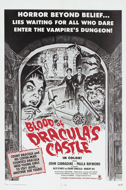 Blood of Dracula's Castle horror movie poster with black-and-white dungeon illustrations and bold red title