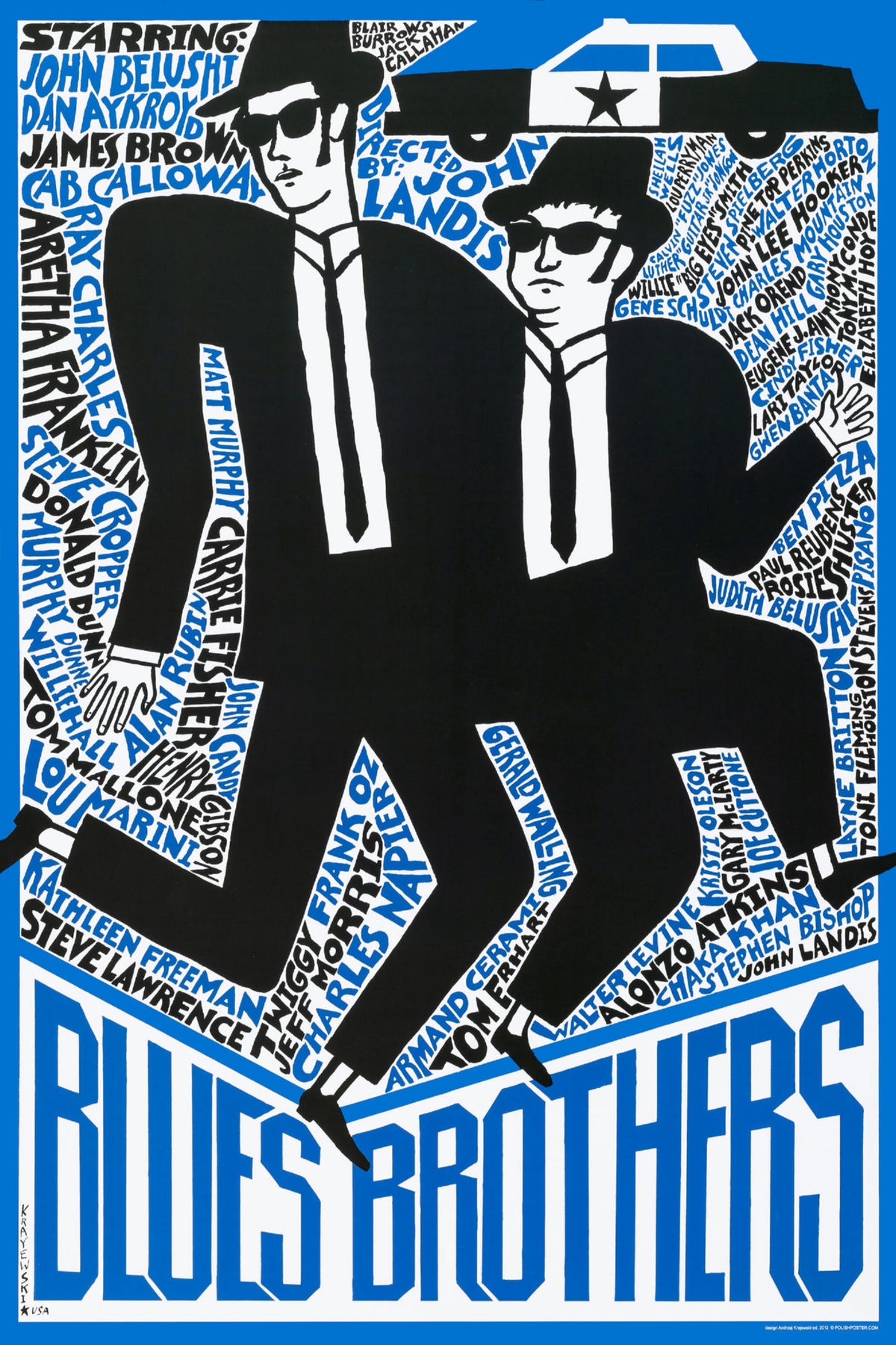 The Blues Brothers poster with black-suited figures, blue and black typography, and a police car