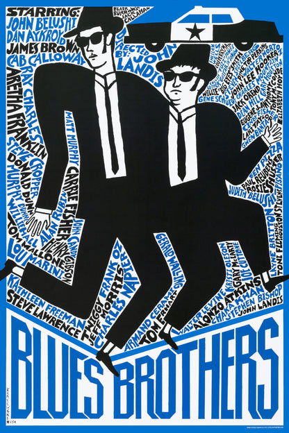 The Blues Brothers poster with black-suited figures, blue and black typography, and a police car