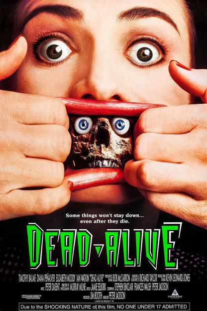 Dead Alive Braindead horror movie poster with a wide-eyed face, creature imagery, and green title lettering