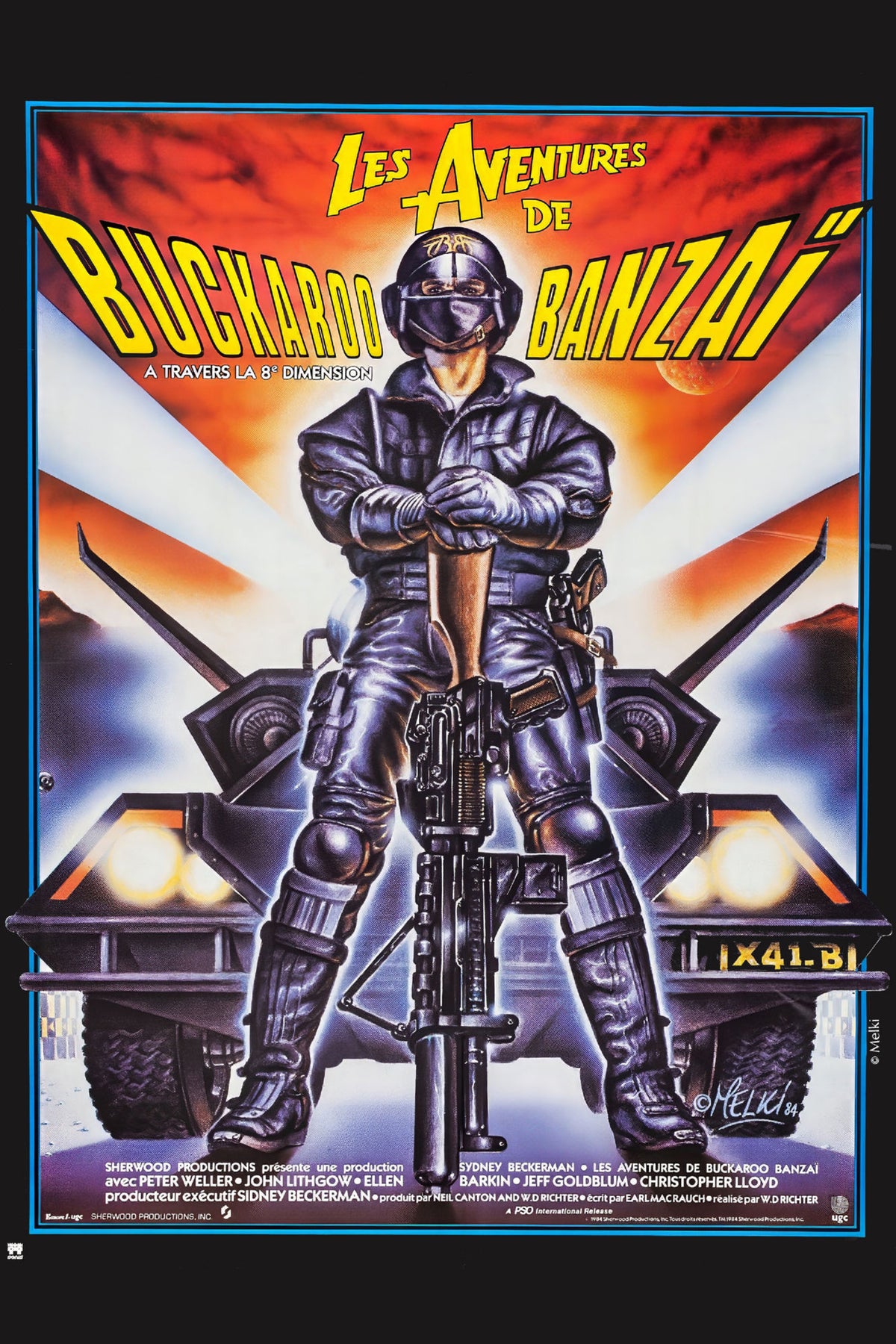 Buckaroo Banzai French-design poster with a helmeted figure, futuristic vehicle, fiery sky, and yellow title
