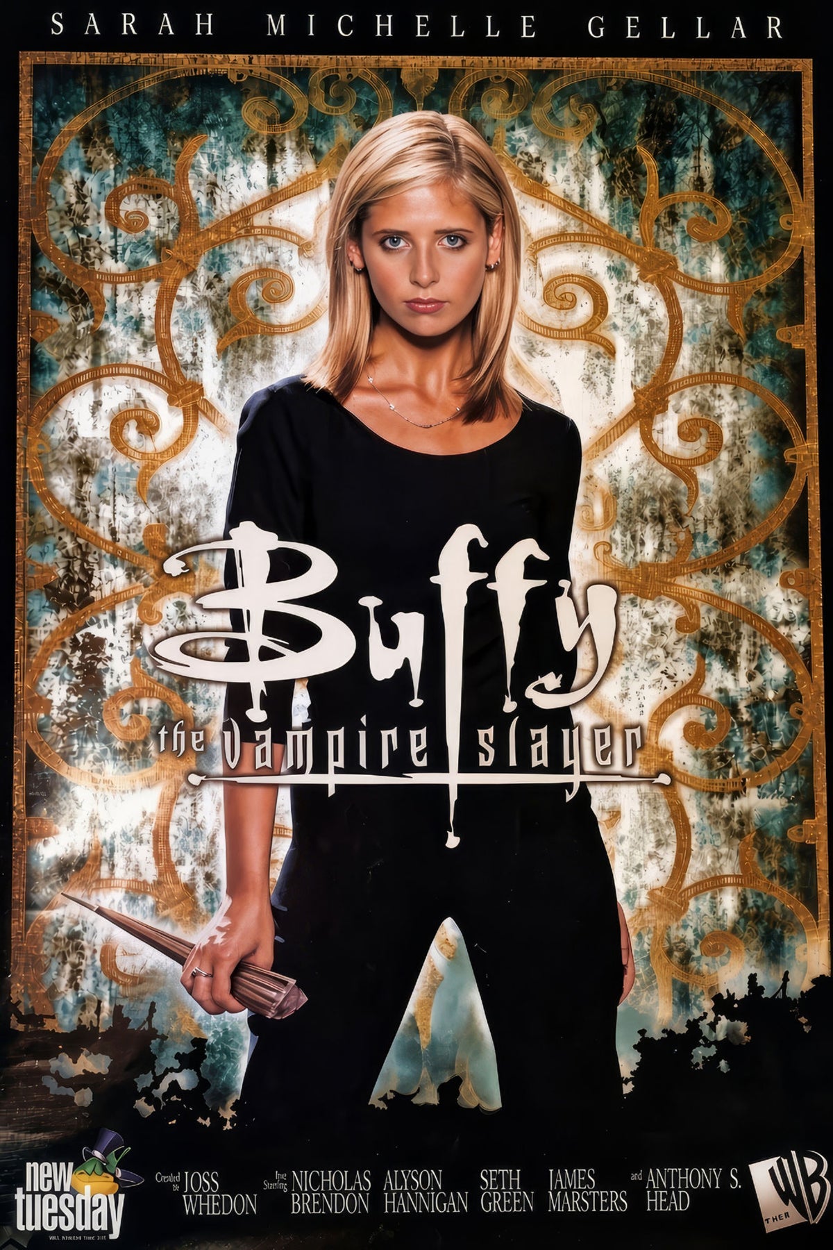 Buffy the Vampire Slayer poster featuring Sarah Michelle Gellar holding a stake against ornate gold-toned scrollwork