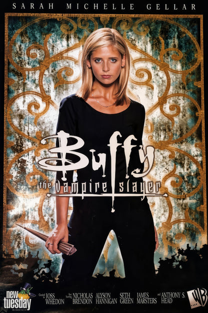 Buffy the Vampire Slayer poster featuring Sarah Michelle Gellar holding a stake against ornate gold-toned scrollwork
