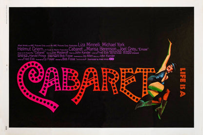 Horizontal Cabaret movie poster with pink-orange title lettering and Liza Minnelli against a black background