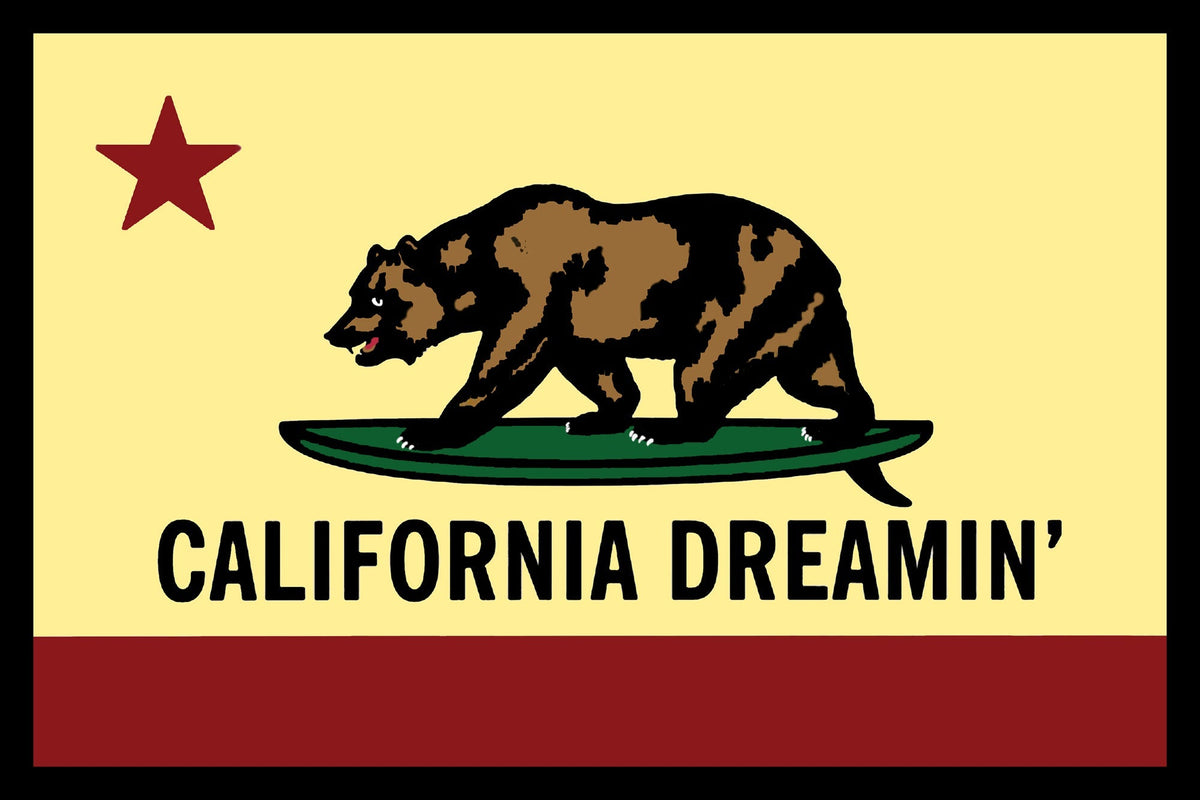 California Dreamin State Of California Flag With Surfboard Poster Choose a size Oversize On Sale United States