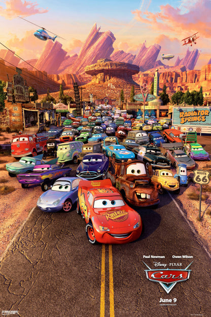 Cars movie poster featuring Lightning McQueen, Mater, Sally, and friends in Radiator Springs at sunset