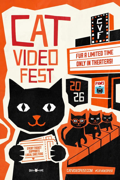 Cat Video Fest 2026 poster with illustrated black cats, theater marquee, and orange and cream typography