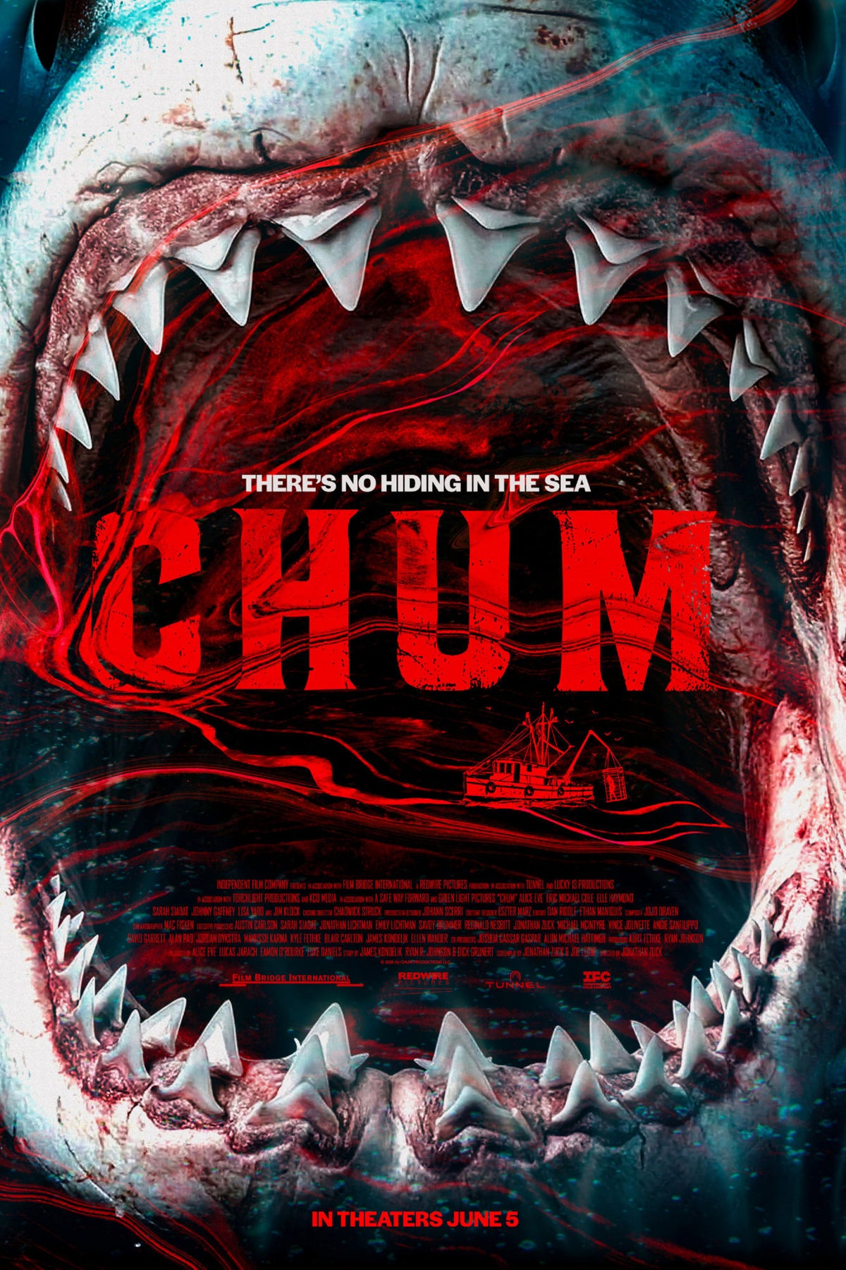 CHUM shark horror movie poster with open jaws, sharp teeth, red title, and ocean-blue background