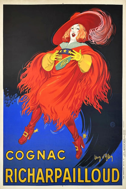 Cognac Richarpailloud vintage French advertising poster featuring a red-costumed figure, blue and black background, and yellow lettering