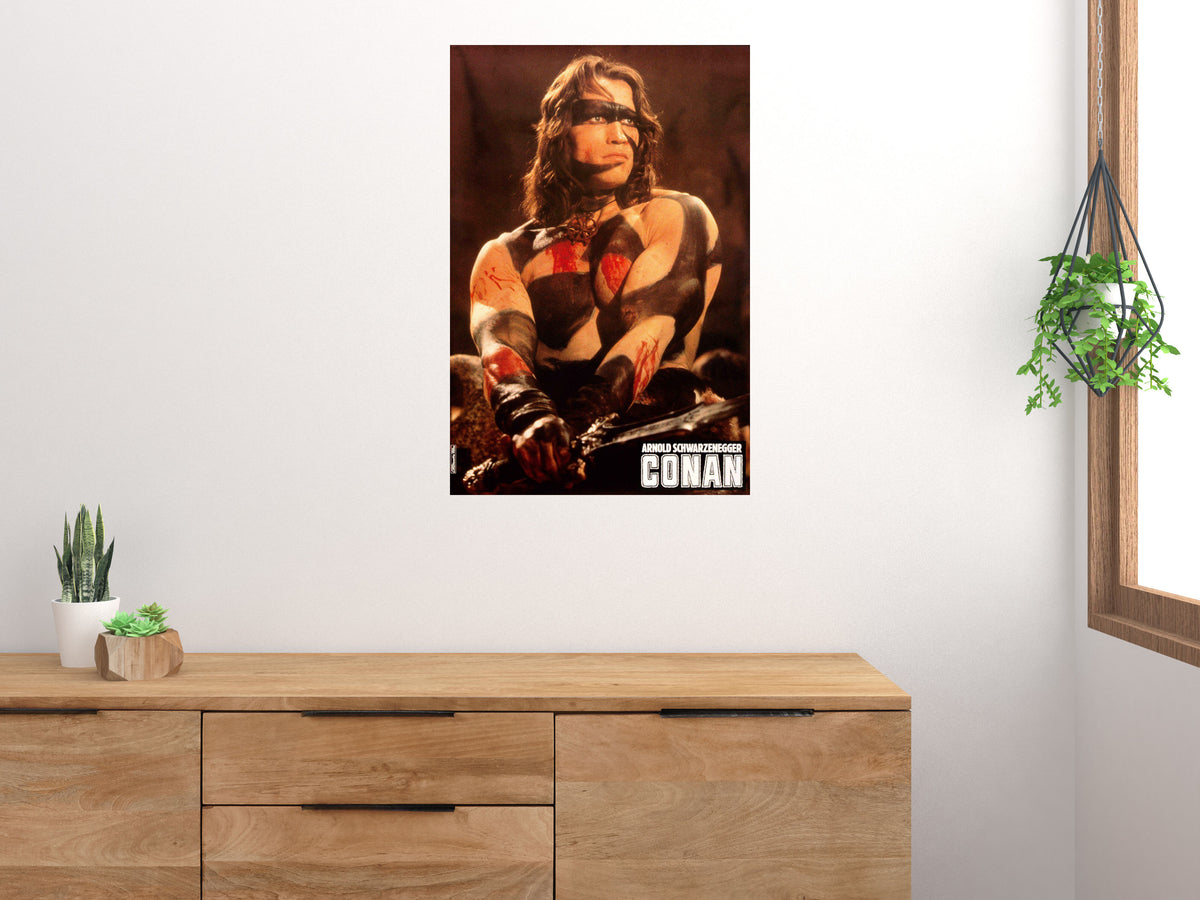Conan war paint poster displayed above a wooden sideboard in a bright room with houseplants